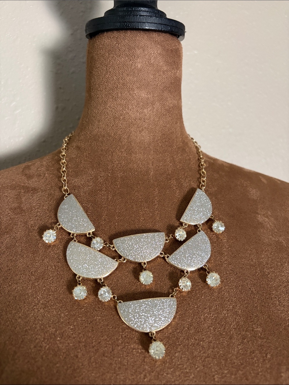 Robert Rose Gold-Tone White Glitter Statement Necklace with Rhinestone Accents